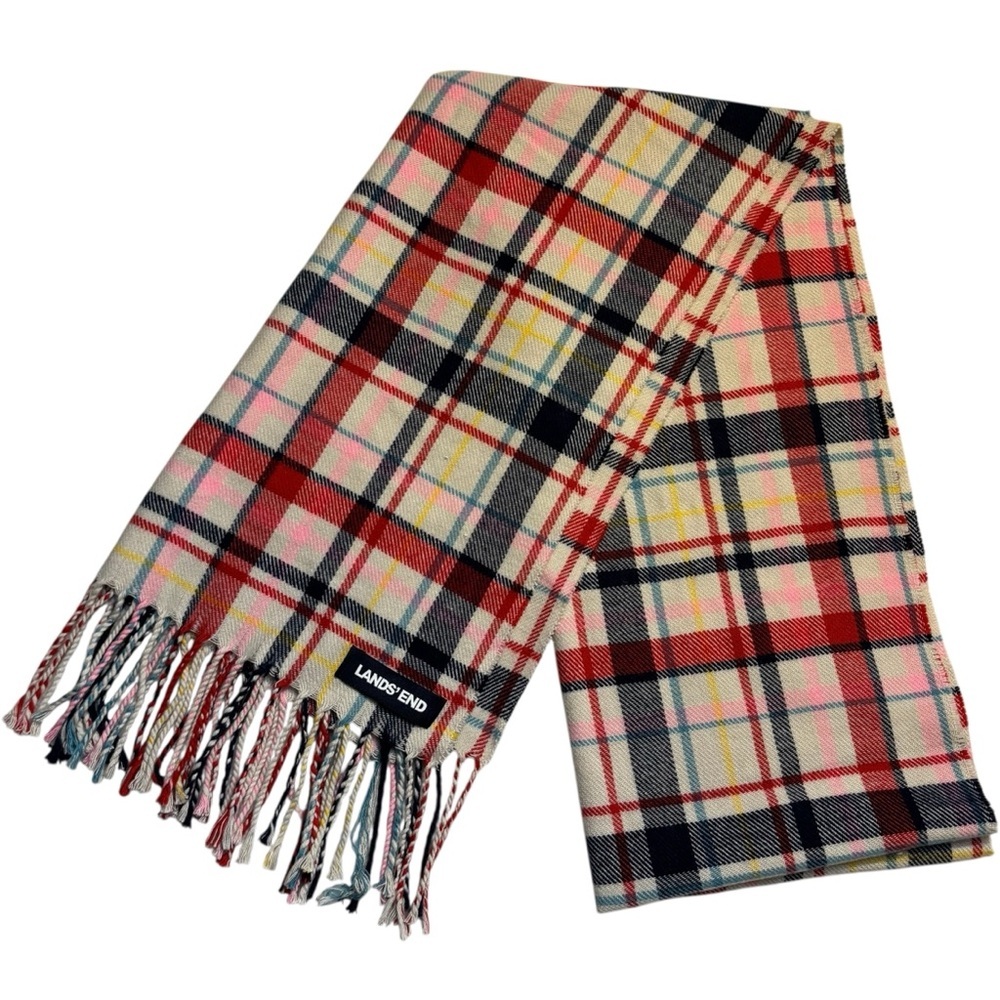 Lands' End Scarf Multicolor Plaid White Blue Red Pink Rope Fringe Cozy Soft